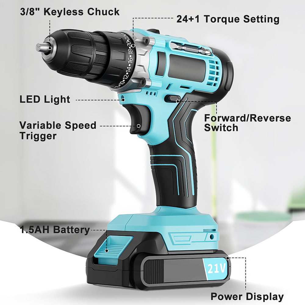 Cordless Handheld Power Drill Set 21V with Battery, Fast Charger & 65 Accessories