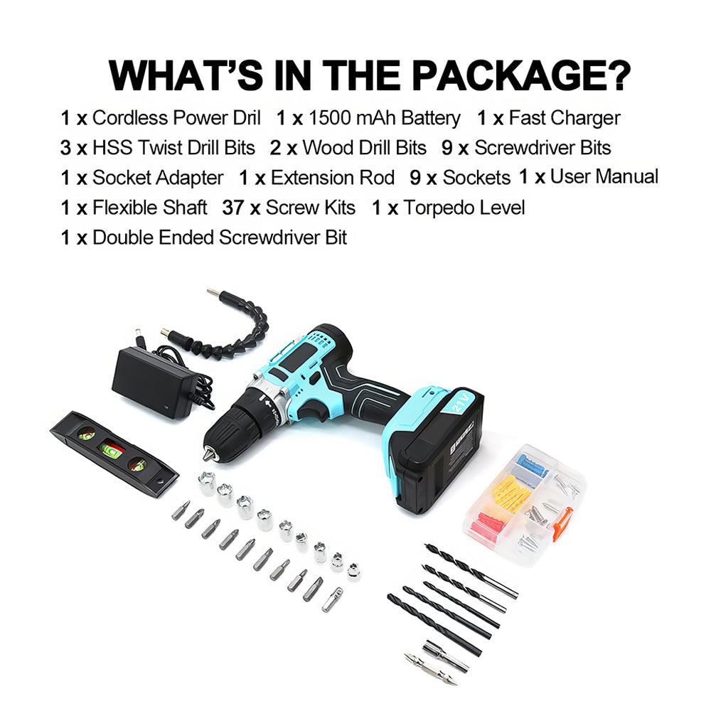 Cordless Handheld Power Drill Set 21V with Battery, Fast Charger & 65 Accessories