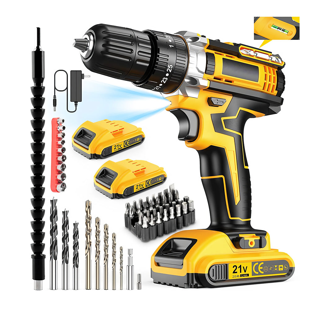 Cordless Handheld Power Drill Set 21V with 2 Batteries, Fast Charger & 59 Accessories