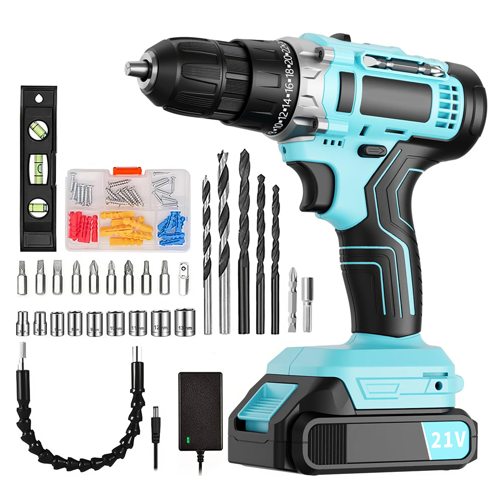 Cordless Handheld Power Drill Set 21V with Battery, Fast Charger & 65 Accessories