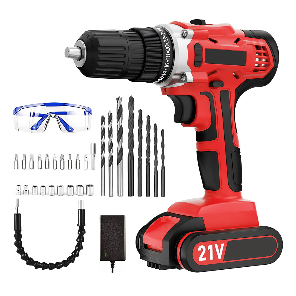Cordless Handheld Power Drill Set 21V with Battery, Charger & LED Light