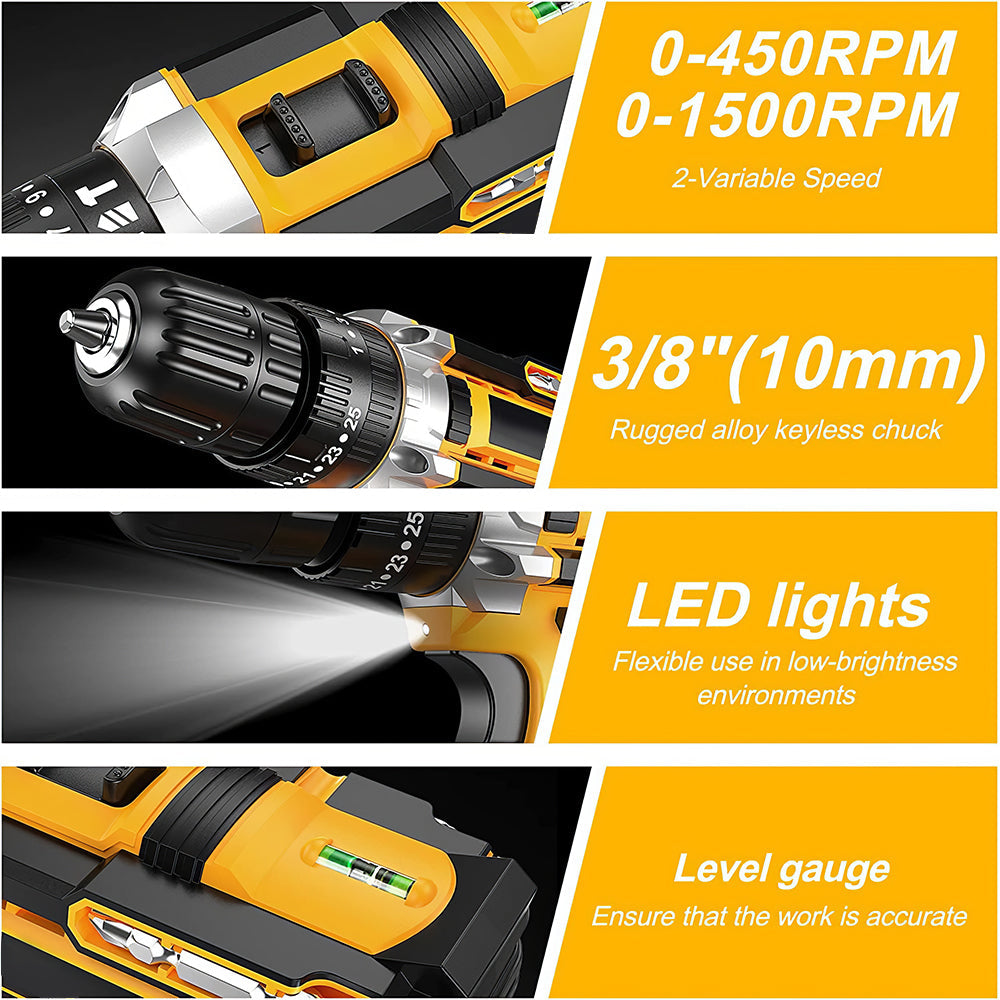 Cordless Handheld Power Drill Set 21V with 2 Batteries, Fast Charger & 59 Accessories