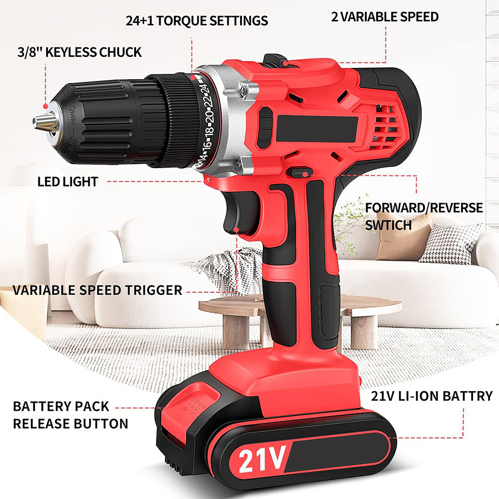 Cordless Handheld Power Drill Set 21V with Battery, Charger & LED Light