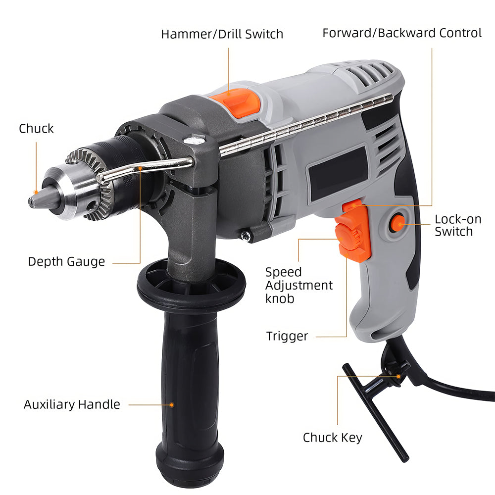 Handheld Corded Hammer Drill 7.5 Amp Variable Speed 1/2-Inch with 15 Bits & Toolbox