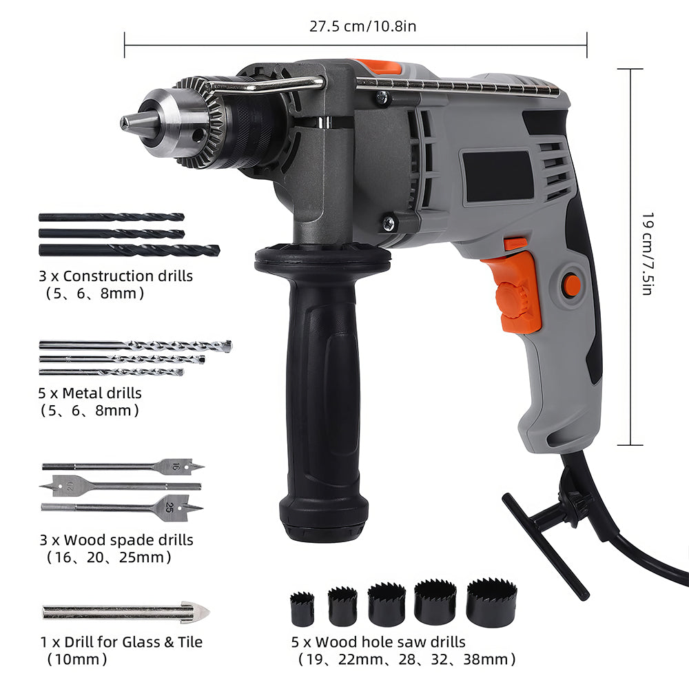 Handheld Corded Hammer Drill 7.5 Amp Variable Speed 1/2-Inch with 15 Bits & Toolbox
