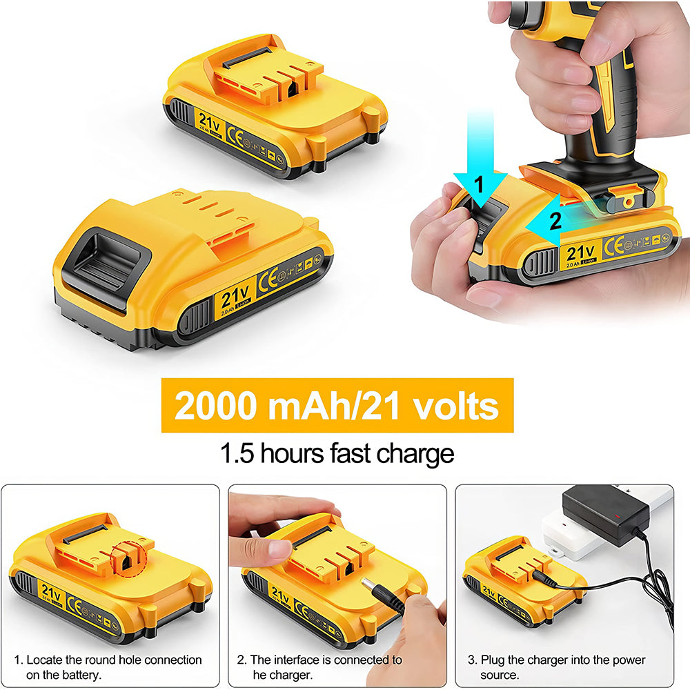 Cordless Handheld Power Drill Set 21V with 2 Batteries, Fast Charger & 59 Accessories