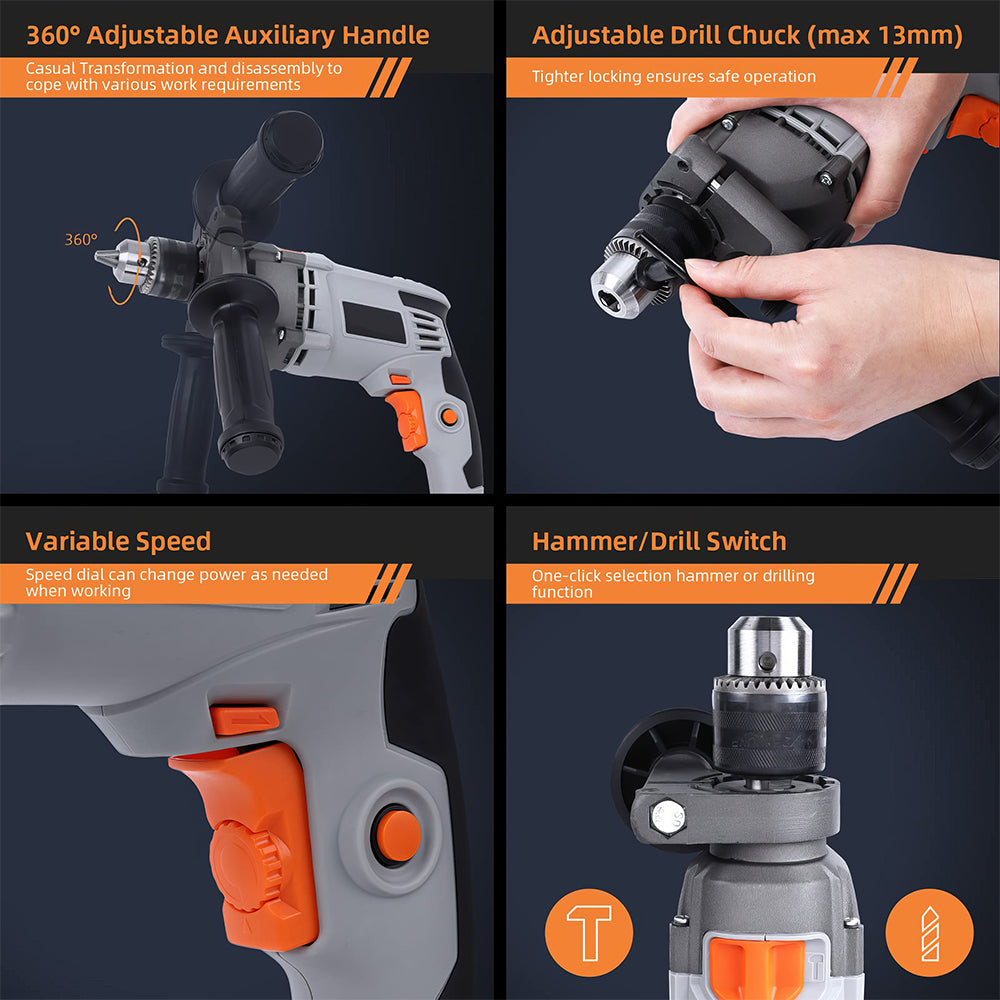 Handheld Corded Hammer Drill 7.5 Amp Variable Speed 1/2-Inch with 15 Bits & Toolbox