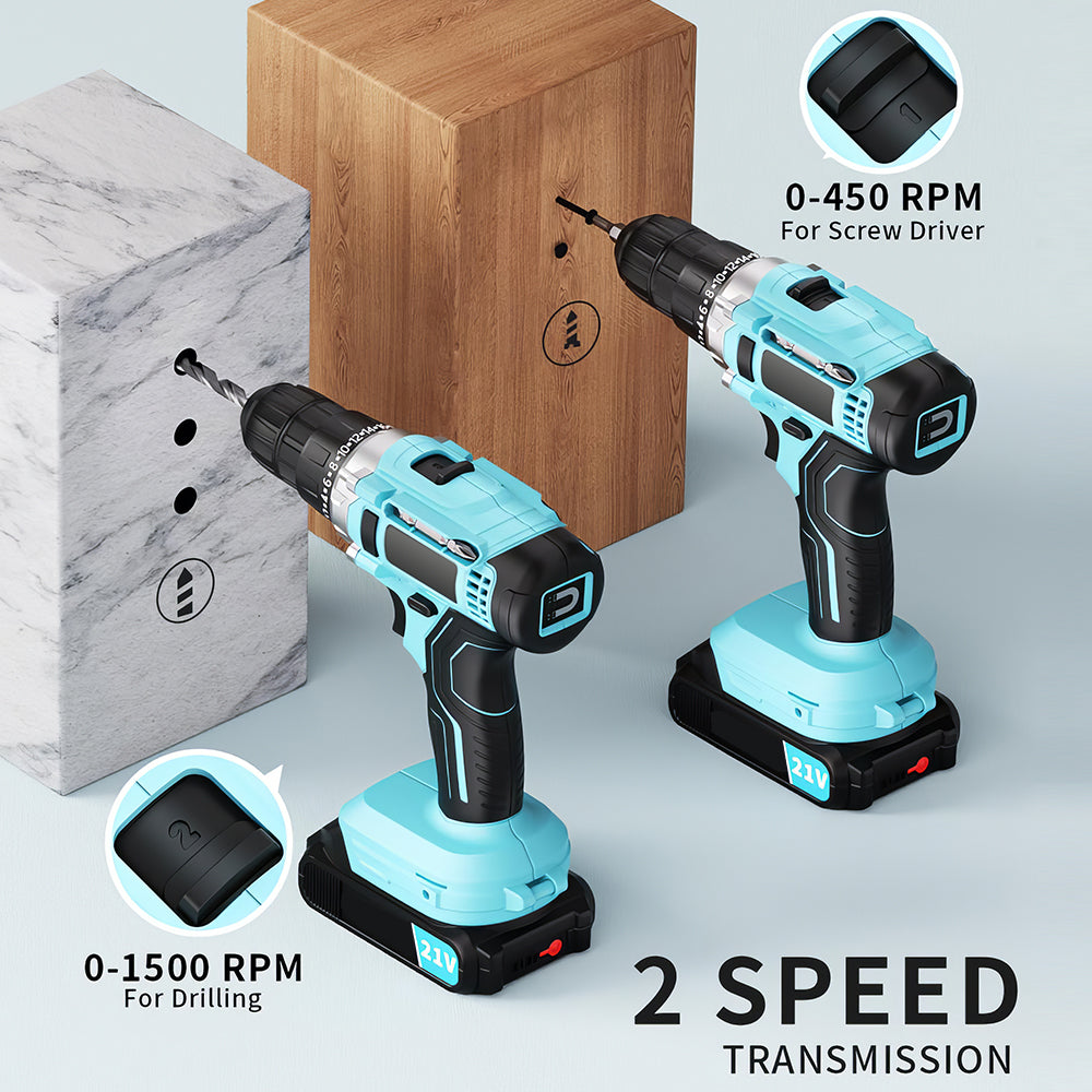 Cordless Handheld Power Drill Set 21V with Battery, Fast Charger & 65 Accessories