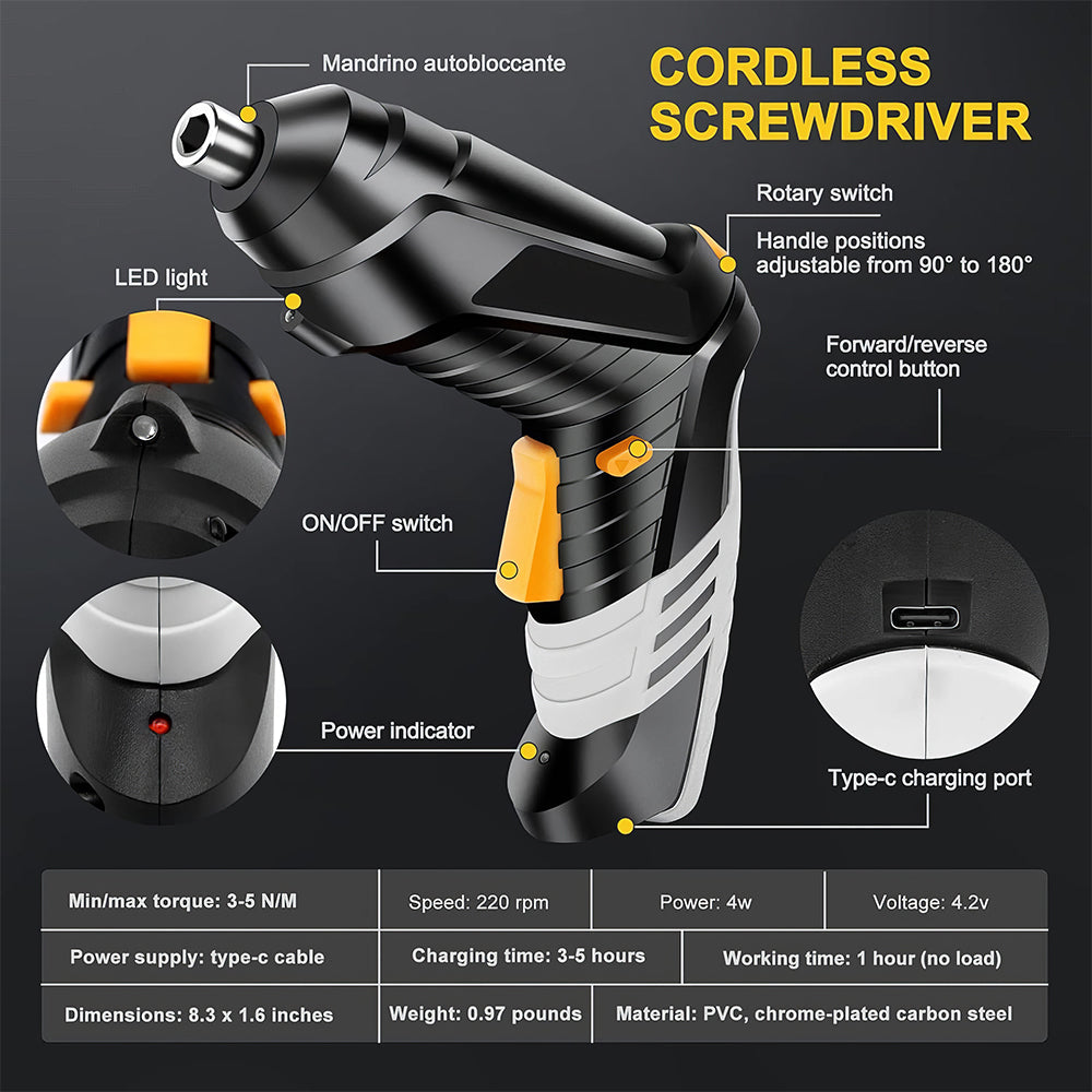 Cordless Electric Screwdriver Set with Adjustable Handle and Bits