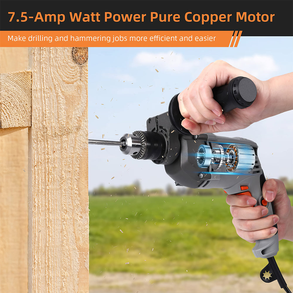 Handheld Corded Hammer Drill 7.5 Amp Variable Speed 1/2-Inch with 15 Bits & Toolbox
