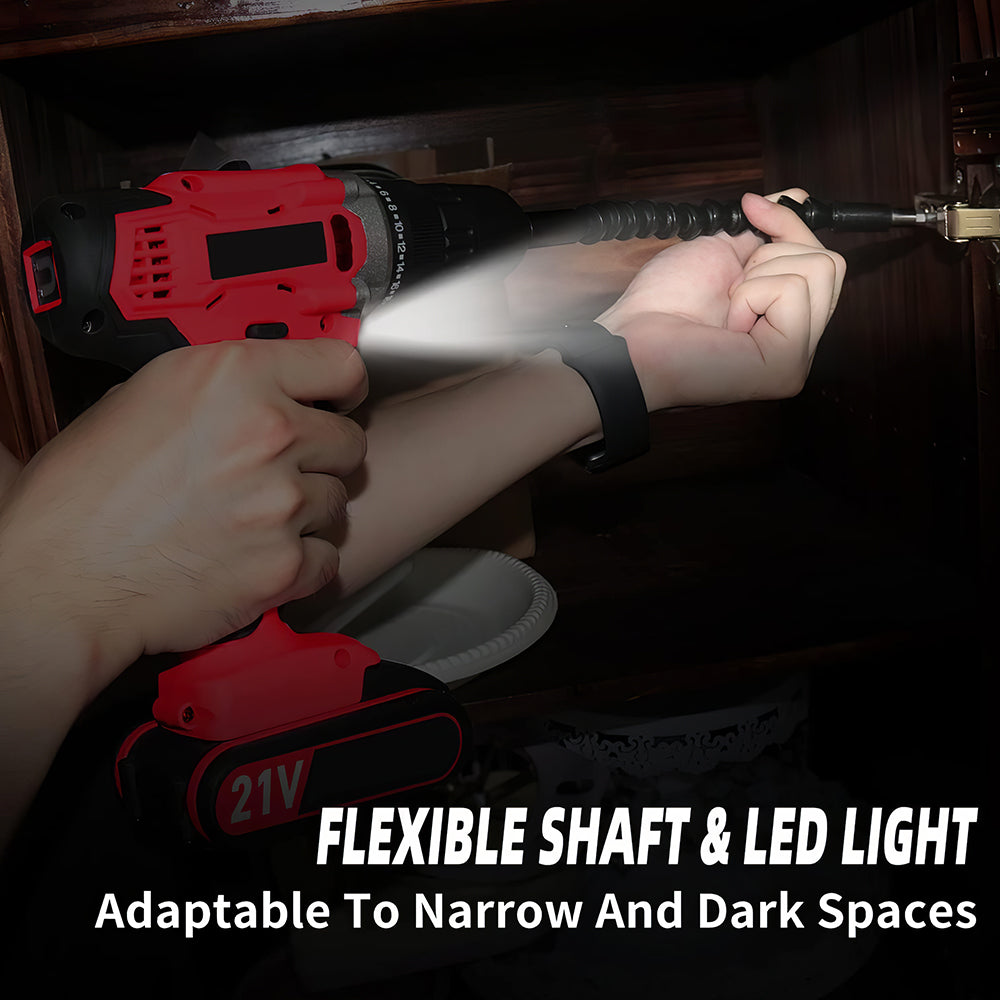 Cordless Handheld Power Drill Set 21V with Battery, Charger & LED Light