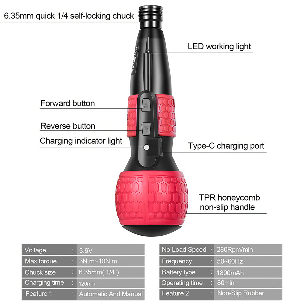 Cordless Rechargeable Electric Screwdriver Set with LED and Bits