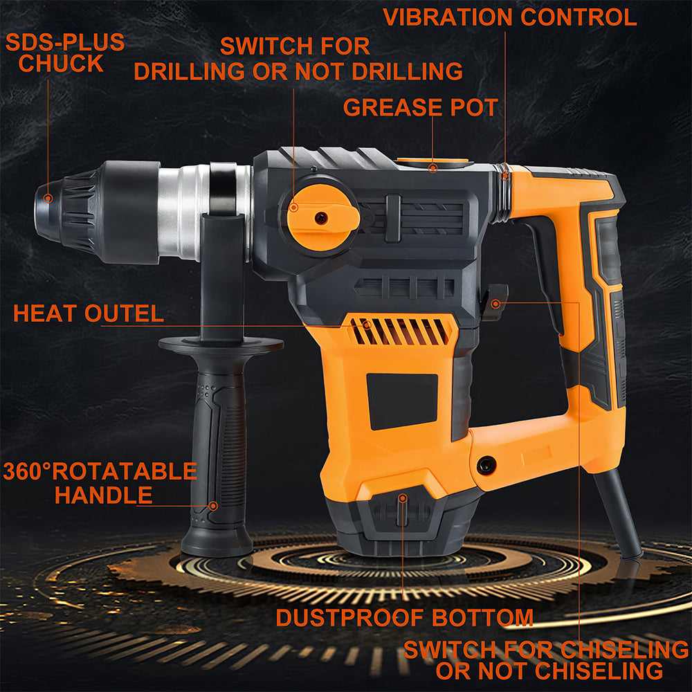 Rotary Hammer Drill 13 Amp SDS Plus 3 Mode with Bits and Chisels